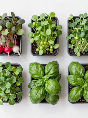 Overhead flat-lay of three neatly arranged trays of different vibrant microgreens (e.g., radish, pea, basil) on a clean white surface, perfectly uniform and ready for harvest. Bright natural daylight, macro depth of field.
