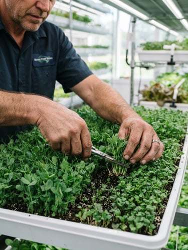 Jim, a focused grower, tending to vibrant green microgreen trays in a clean, brightly lit indoor farm. Close-up on his hands, showing care and precision. Crisp editorial photography, natural daylight.