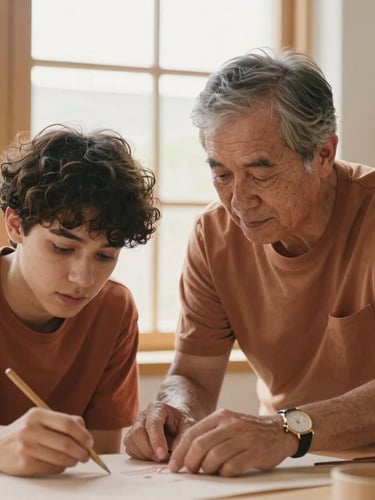 Candid medium portrait of an older mentor guiding a young adult on a craft project, warm natural window light, terracotta tones, 35mm