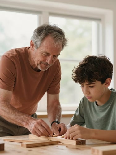 A warm, candid photo of an older adult mentor and a young teenager collaborating on a small woodworking project under soft natural window light, terracotta and sage green tone details, 35mm