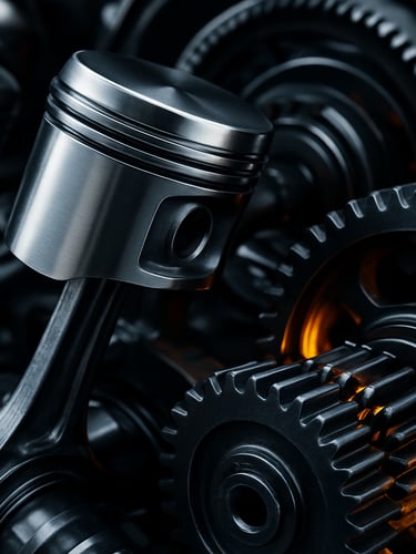 Macro shot of clean, metallic engine pistons and gears, high-contrast industrial photography, crisp studio lighting, deep metallic tones, 35mm