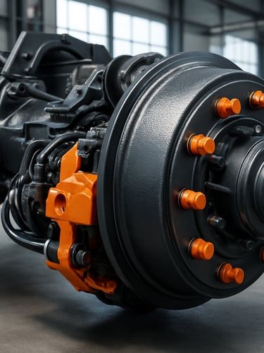 Close-up of a heavy-duty truck axle and brake assembly, clean industrial workshop setting, sharp daylight, high-detail macro