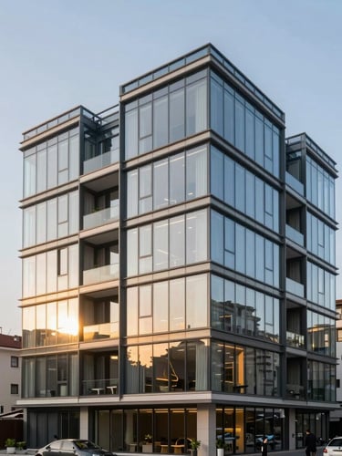 Professional architectural photography of a modern luxury glass residence in Istanbul, soft golden hour sun reflecting off the facade, 35mm