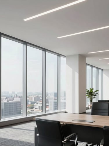 Professional real estate office interior in Istanbul, clean modern lines, large windows with soft daylight, high-end corporate editorial style, 35mm
