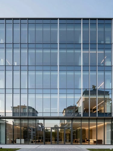 Bright modern commercial glass building in Istanbul, clean reflections, straight-on architectural photography, high-end real estate editorial style