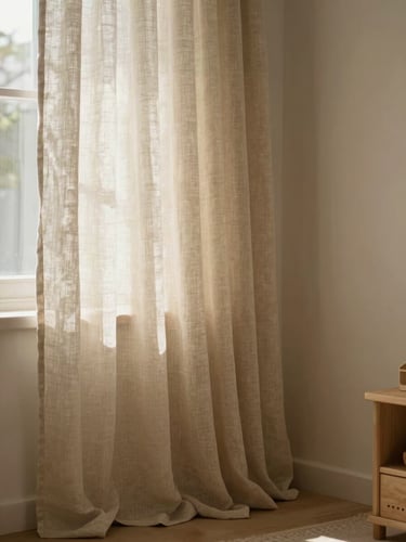 A beautifully styled child's bedroom corner with soft linen curtains, warm diffused light, serene Mediterranean atmosphere