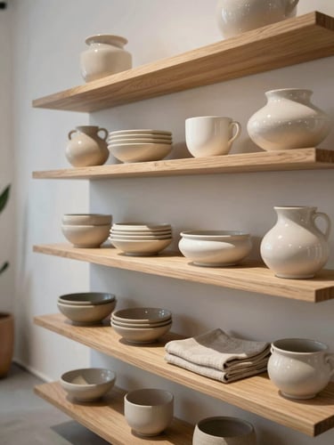 Bright interior of the Forcadell showroom in Castellón, featuring minimalist wooden shelves styled with neutral ceramics, linen textiles, and soft ambient lighting.