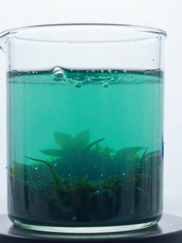 Crisp scientific photography of a sterile laboratory glass photobioreactor with bubbling emerald green microalgae cultures, high-key white background, cool laboratory lighting, 50mm macro detail.