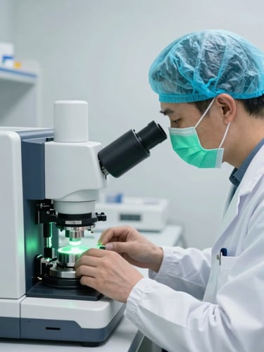 A clinical researcher in sterile cleanroom gear operating an analytical mass spectrometer, cool laboratory light with subtle green bioluminescence, 50mm.
