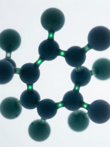Macro close-up of complex molecular structures of microalgae bioactive compounds, illuminated by subtle green bioluminescence against a sterile white backdrop.