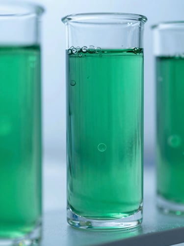 Macro close-up of sterile glass photobioreactors with bubbling green cultures under cool crisp laboratory light, 50mm scientific photography