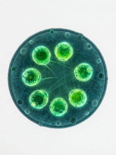 High-magnification microscopic view of cellular microalgae dividing, glowing with vibrant emerald bioluminescence, crisp laboratory details, 50mm