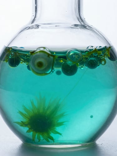 Macro close-up of a sterile glass photobioreactor with bubbling emerald green microalgae cultures, cool crisp laboratory lighting, high-key white backdrop, 50mm.