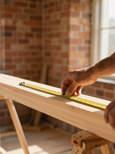 A close-up editorial shot of a carpenter measuring a sustainable timber beam inside a sunlit, partially renovated historic brick building, warm daylight, 35mm lens