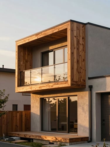 Architectural progress photo of a modern, energy-efficient multi-family home under soft golden-hour sunlight, warm wood accents, clean lines, 35mm lens