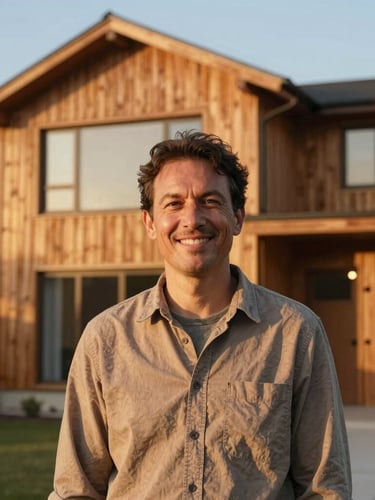 A warm environmental portrait of a resident smiling in front of a modern, energy-efficient home with cedar cladding, soft golden hour sunlight, 35mm lens