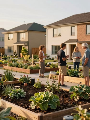 A vibrant community garden in front of newly completed sustainable homes, neighbors talking under warm daylight, 35mm lens