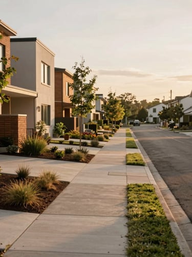 Wide shot of a newly rehabilitated residential street showing modern energy-efficient houses, clean sidewalks, young trees, and soft daylight, 35mm lens