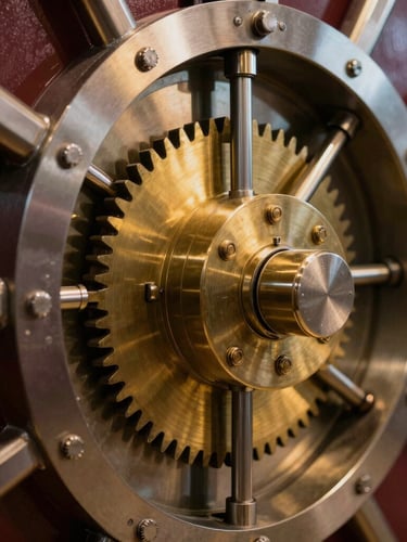 Macro close-up of a heavy steel vault locking mechanism, warm gold light reflecting off polished brass gears, deep wine-red shadows, architectural precision.
