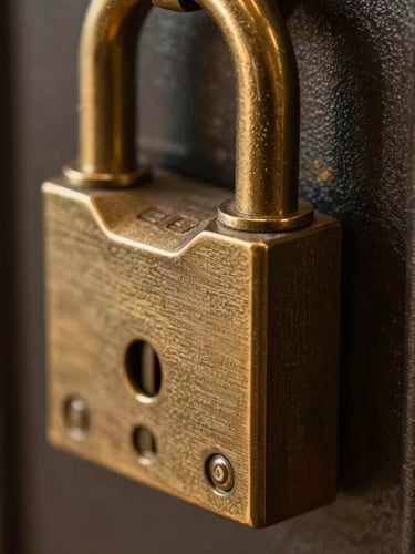 Macro close-up of a heavy bronze vault locking mechanism, warm gold highlights cutting through deep shadows, high-end private banking atmosphere
