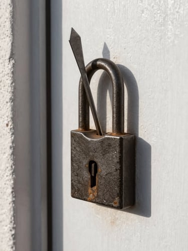 Close-up of a locksmith's steel pick tool inserted into a weathered iron door lock on a whitewashed Lanzarote building facade, strong directional afternoon sunlight casting hard shadows across the metal surface, documentary framing with the lock centred and the rough plaster wall visible to the left edge