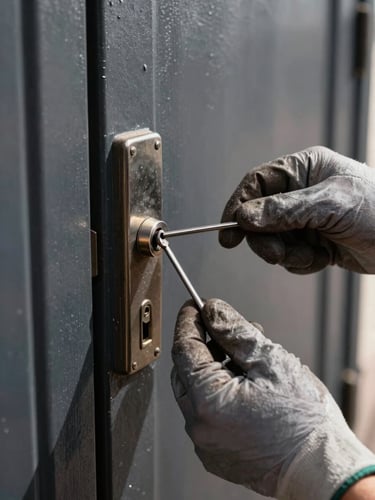 Close-up wide shot of a locksmith's gloved hand inserting a precision pick tool into a heavy residential deadbolt lock mounted on a dark painted metal door, Lanzarote street visible softly out of focus in background, strong directional midday sunlight casting sharp shadows across the door surface, documentary framing, no people visible beyond the hand