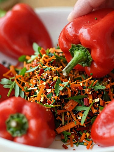 A close-up macro shot of vibrant red scotch bonnet peppers and fresh green herbs being ground into traditional Haitian epis, natural morning light