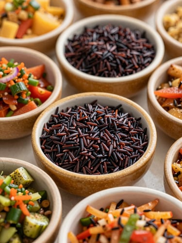Close-up overhead flat-lay of a vibrant Haitian feast, golden griot, black rice, and fresh pikliz in ceramic bowls, warm natural Florida sunlight, rich saturated colors, shallow depth of field.