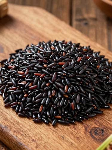 Overhead flat-lay of traditional Haitian griot and black rice on a rustic wooden table, bathed in warm natural Florida sunlight, rich saturated colors, shallow depth of field.