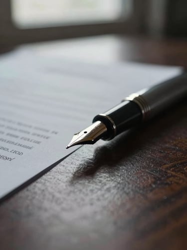 Macro close-up of a fountain pen resting on a textured legal document, soft natural window light reflecting on dark wood, shallow depth of field, 35mm