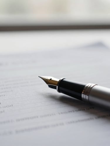 Close-up of fountain pen resting on textured legal documents, soft natural window light, shallow depth of field