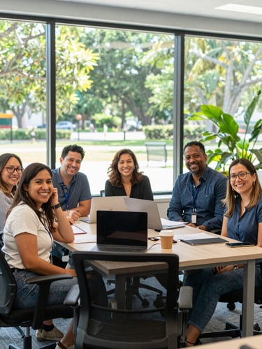 A collaborative team of diverse organizers smiling together in a bright, sunlit Biscayne Park office space, vibrant natural light, professional yet warm, 35mm