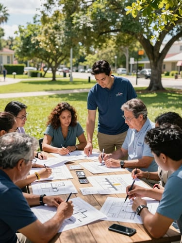Bright sun-drenched outdoor planning session in a South Florida park, diverse community organizers reviewing architectural layouts on a wooden table, fresh green and blue tones, 35mm