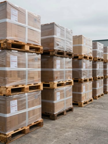 Ground-level shot of palletized industrial materials stacked in a storage yard under flat overcast light, visible packaging straps and batch documentation labels on crates, concrete floor with dust and fork-lift tread marks, materials extending deep into frame