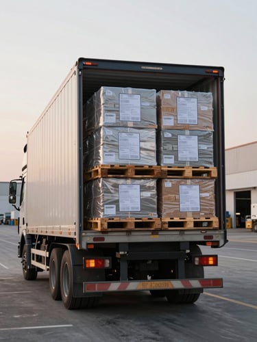 Ground-level shot of a logistics truck being loaded with palletized industrial goods at a Saudi distribution facility, visible packing documentation on crates, afternoon overcast light, wide environmental framing showing the loading bay and yard depth
