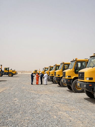 Wide environmental shot of an industrial operations yard in Saudi Arabia, overcast daylight, heavy equipment lined up on gravel to the right third of frame, a crew in full PPE hardhats conducting a handoff inspection at mid-ground, expansive flat sky above, no studio lighting