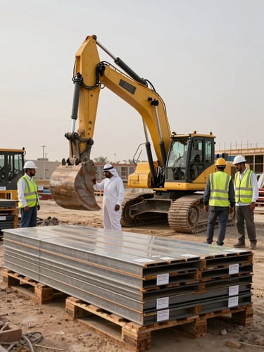 Ground-level wide shot of a construction site in Saudi Arabia, workers in full PPE — hardhats, hi-vis vests, safety boots — mid-task operating heavy machinery, palletized steel materials stacked with batch documentation labels visible in the foreground, overcast afternoon light, industrial site environment