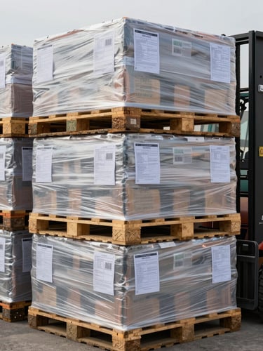 Ground-level close-up of palletized industrial materials stacked in a Saudi storage yard, overcast daylight, visible batch labeling and documentation sheets attached to shrink-wrapped pallet, forklift partially visible at frame edge, no people in shot