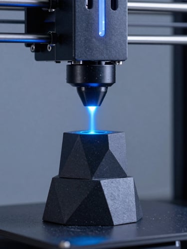 Macro shot of a high-tech industrial 3D printer nozzle emitting a precise cyan laser beam onto a modern dark geometric sculpture, cool studio lighting with blue neon accents, 35mm