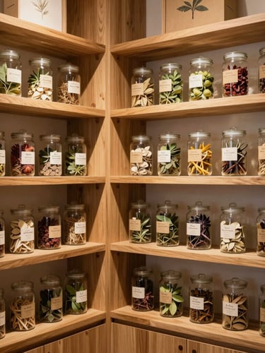 Warm interior of a modern apothecary with clean wooden shelves, neatly arranged botanical jars, and soft warm lighting