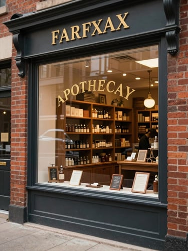 Eye-level daylight shot of a clean, brick-and-mortar apothecary storefront in Fairfax, with elegant gold lettering on the window and warm indoor lighting visible.