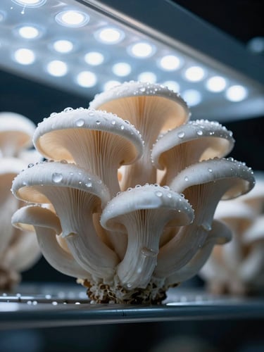 Extreme close-up macro shot of oyster mushroom fruiting bodies in active growth stage on a cultivation rack, cold blue-white LED array visible in background as hard specular streaks, fine water droplets on the caps catching the clinical light, steel rack shelf edge visible at bottom frame, black background beyond the rack, no people, laboratory-grade clarity