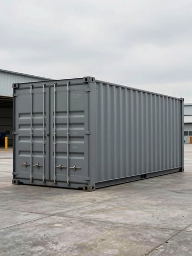 Wide environmental shot, a matte-grey 40-foot shipping container deployed in an open industrial yard, overcast daylight, concrete ground, distant steel warehouse facade visible to the far left, container doors closed and facing camera at three-quarter angle, no people, no warmth, flat northern light