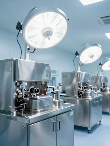 Wide-angle cleanroom environment with pristine stainless-steel manufacturing equipment, bright high-key clinical light with cool blue undertones, professional 35mm photography