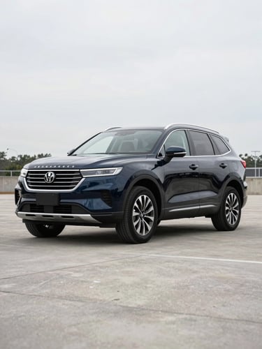 Wide-angle shot of a dark navy SUV parked at a 3/4 front angle on a clean concrete lot under neutral overcast daylight, trim and bodywork in sharp focus, no people, no lifestyle props
