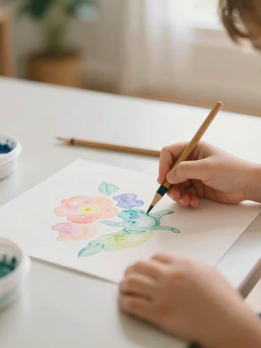 Child's hands painting with watercolors on a low table in a sunlit room, gentle pastel tones, candid 35mm, shallow depth of field