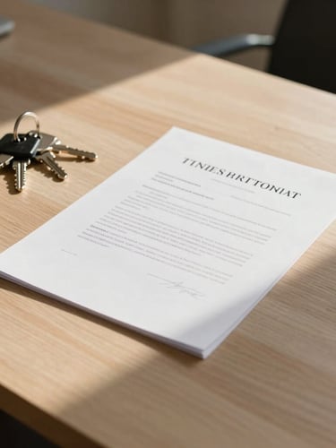 Minimalist real estate agent desk in Warsaw, clean wooden table surface, keys, and simple legal documents under warm side sunlight.