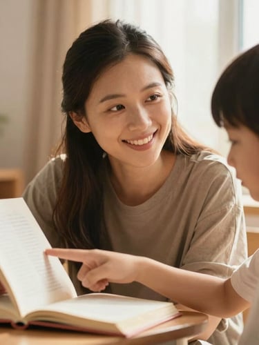 Candid medium shot of a mentor smiling warmly as a child points to a book, soft window light, warm terracotta accents, shallow depth of field.