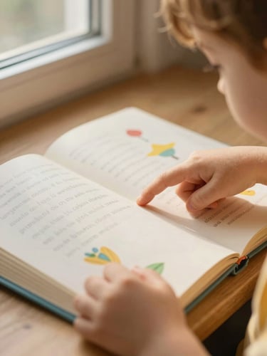 Close-up of a child's hands pointing to words in a colorful book, soft window light highlighting the page, warm organic tones