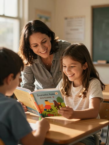 Warm golden-hour light illuminating a cozy classroom corner in Santa Barbara, a mentor and a young student laughing together over a colorful picture book, shallow depth of field, candid editorial photography.